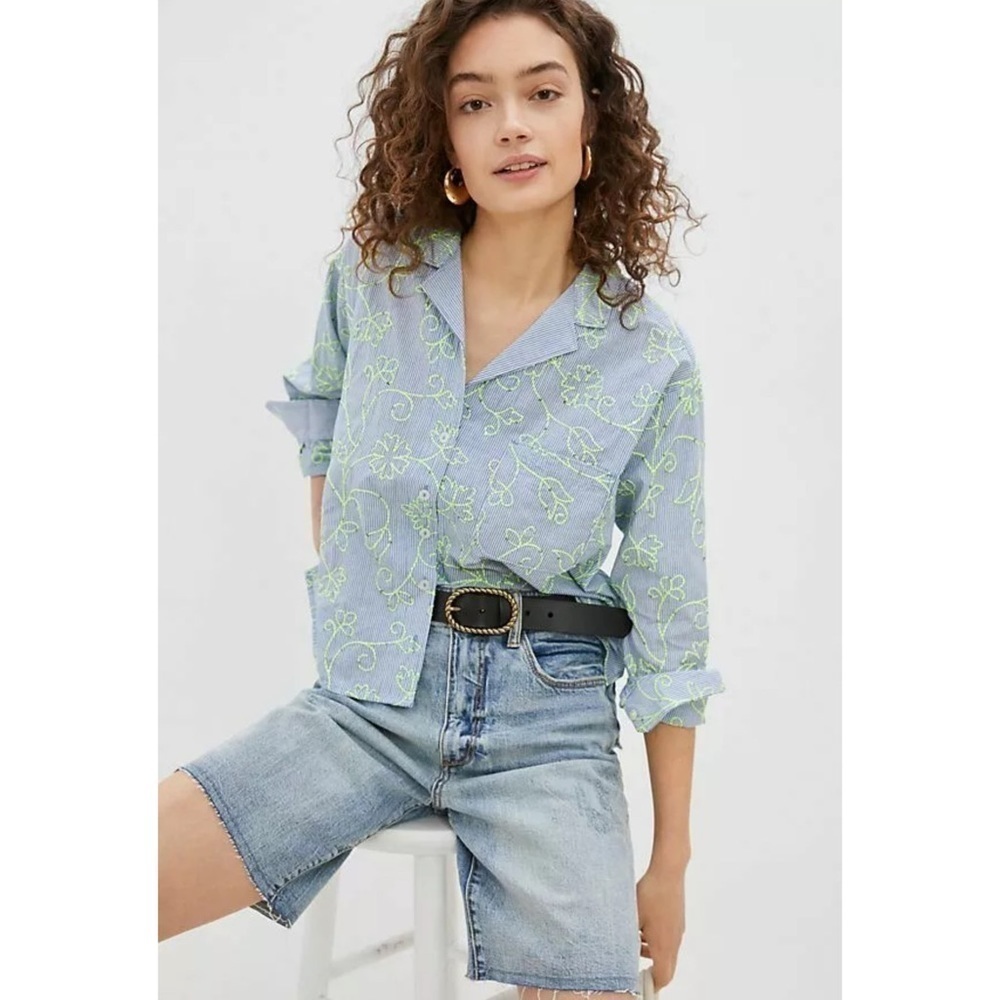Anthropologie Maeve Clarissa High-Low Buttondown Stripe Sequin Embroidered